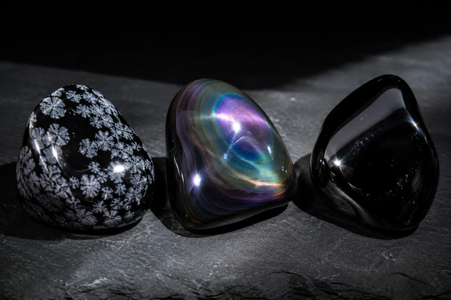 Doğal obsidyen çeşitlerinin (karlı, gökkuşağı, siyah) ışık altındaki yansımaları